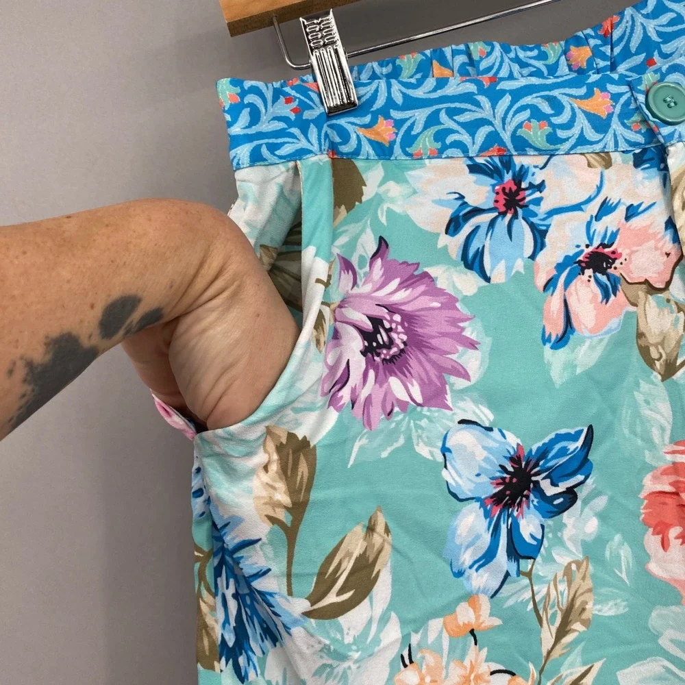 Tolani Collection Floral Wide Leg Pants Womens Large Turquoise Boho Tropical